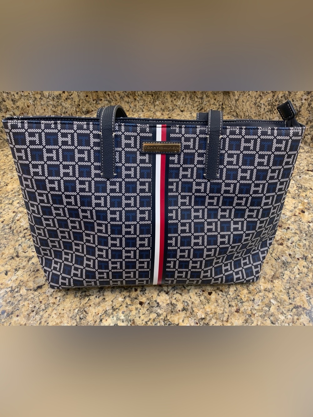 Tommy Hilfiger Navy Tote with Signature Red, White & Blue Center Stripe